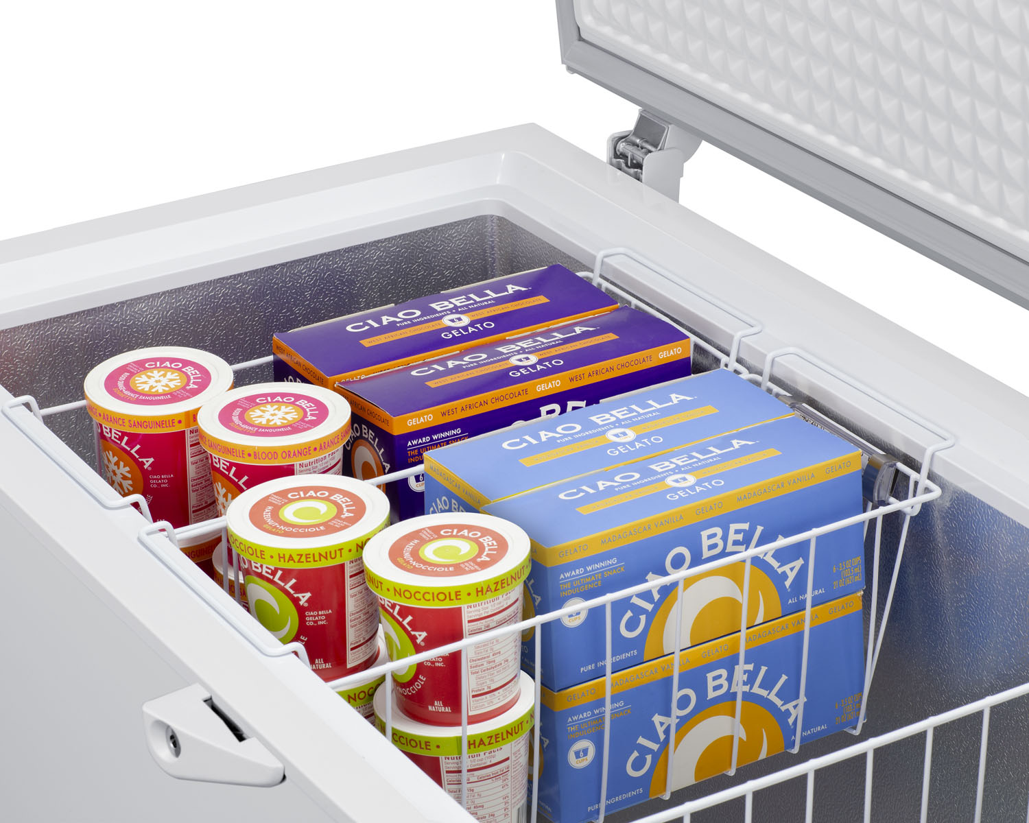 Commercially listed 10 cu.ft. manual defrost chest freezer in white with stainless steel corner guards, stainless steel look lid, interior light, and lock